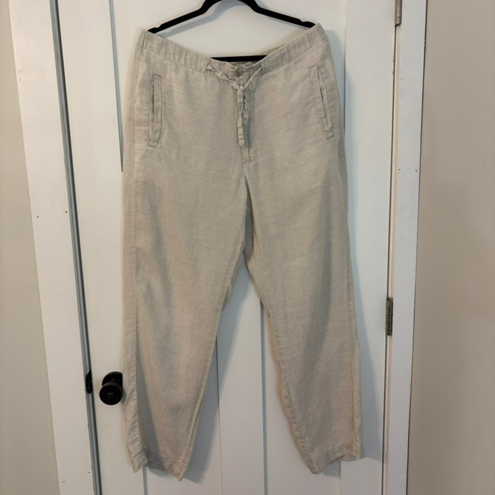 Linen Drawstring Elastic Waist Pants Tan Beige Coastal Chic Minimalist Women M‎